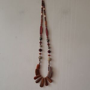 Handcrafted Brown Beaded And Wood Pendant Necklace